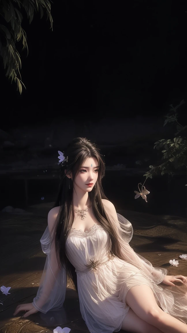 1girl, girl with long black hair, smiling, cheerful, girl is sitting among a wide expanse of flowers, surrounded by beautiful flowers, Calm and peaceful atmosphere, night, moonlight , Beautiful glowing butterflies surround the girl lighting up the darkness of the night, magic,Romantic, the night breeze blows the Sepoi Sepoi girl's hair,