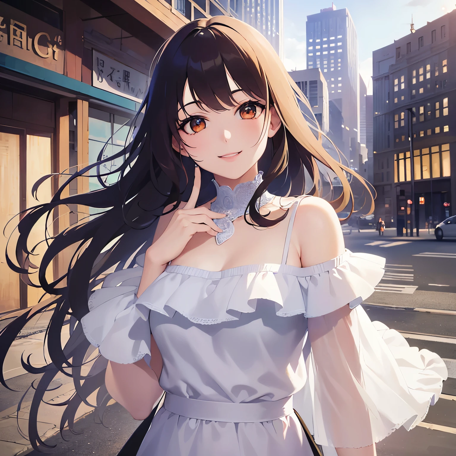 Detailed CG,Ultra-fine illustrations,masterpiece,Highest quality,BREAK(white)and(off shoulder blouse)BREAK,Realistic,real person,(pale skin: 1.2),RAW photo,photorealistic(Pale skin:1.2),shiny skin,shiny hair,(A 28-year-old woman with medium-length hair and bangs)and(wavy hair)and(brown hair)and(Orange Eyes:1.,(smile:1.5),The background is in front of the station,Alone,waving,(Biologically correct５Finger)