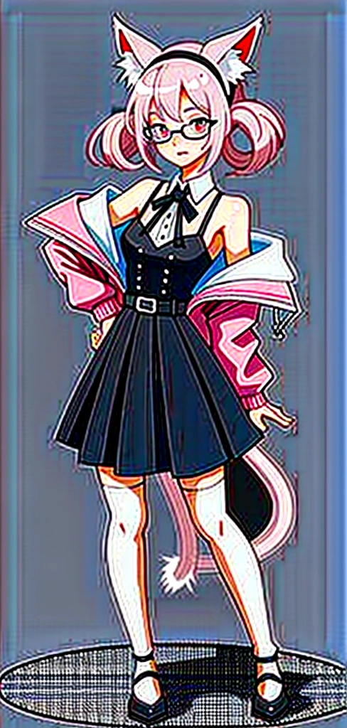 I have white pink hair, cat ears, a bun, my face is super blushing, black glasses, pink heart eyes, a Brazil, a skirt that has black straps, black stockings, white shoes, a cat's tail, a very girl Shy