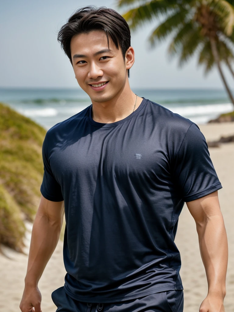 (Create a masterpiece: 1.2),(CGI art:1.3),(realistic:1.5),(After processing:1.3), (Sharp focus:1.3), 1 man, open mouth, smile, (Navy blue round neck shirt), Navy cargo pants, Korean guy , korean men, (High gloss details), chest muscles, large arm muscles, blood vessel, Big muscles, Broad shoulders, looking at the audience, Balancing the eyes, Seaside, beach, sunlight, running towards the camera