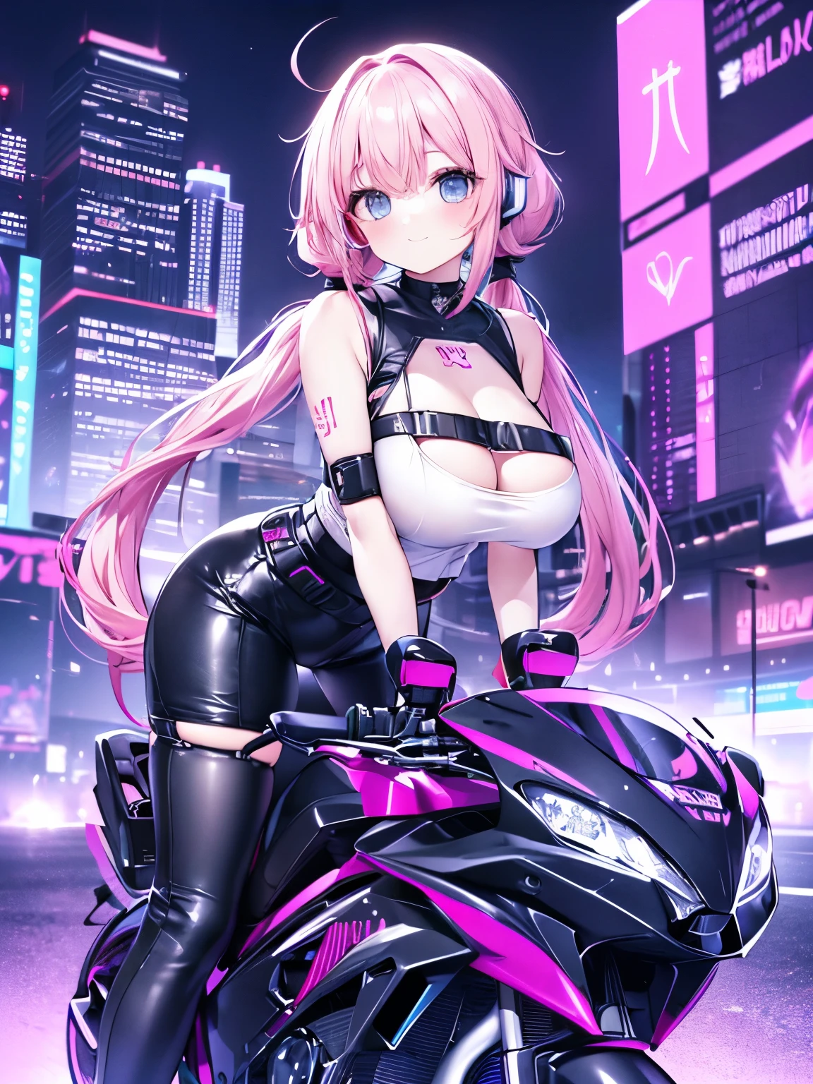 Best Quality,Beautiful Eyes,Very cute face,(Solo Girl),(gigantic breasts:1.4),(Pink hair),(low twintails:1.6),Light blue eyes,Very happy smile,BREAK,(Cyberpunk Fashion,White crop top,Chest Harness,White long coat,Cybernetic Headset),Cyberpunk cityscape,skyscraper,Glittering neon lights,night,Full Body,(Huge Motorcycle,Riding a motorcycle,Dynamic Pose,Dynamic Angle,Angle from below:1.4)