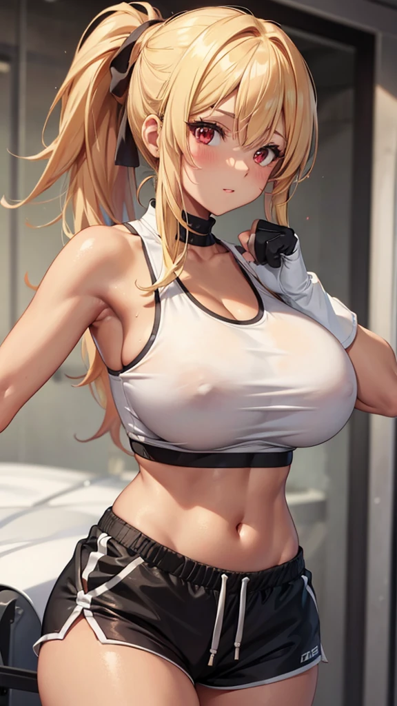 One woman,,A tanned woman with red eyes and blonde hair in a long ponytail,White tank top showing her underboobs,Shorts,Open Finger Gloves,Gym