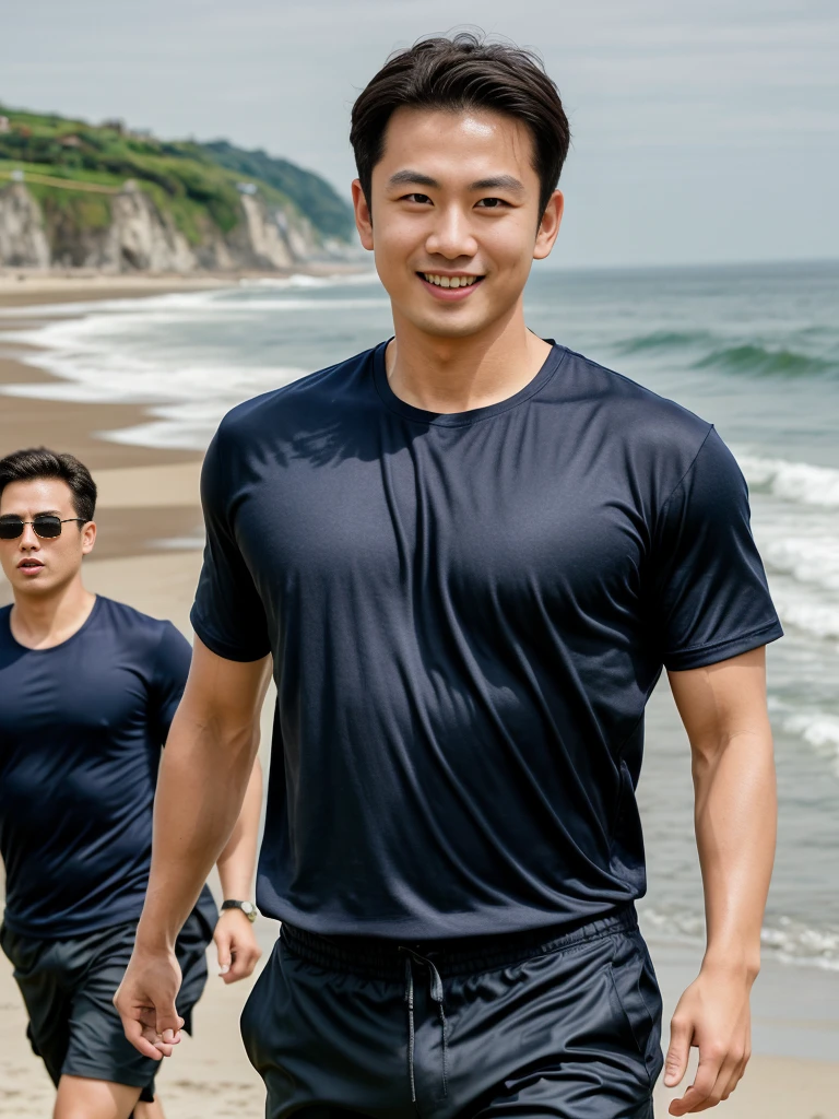 (Create a masterpiece: 1.2),(CGI art:1.3),(realistic:1.5),(After processing:1.3), (Sharp focus:1.3), 1 man, open mouth, smile, (Navy blue round neck shirt), Navy cargo pants, Korean guy , korean men, (High gloss details), chest muscles, large arm muscles, blood vessel, Big muscles, Broad shoulders, looking at the audience, Balancing the eyes, Seaside, beach, sunlight, running towards the camera