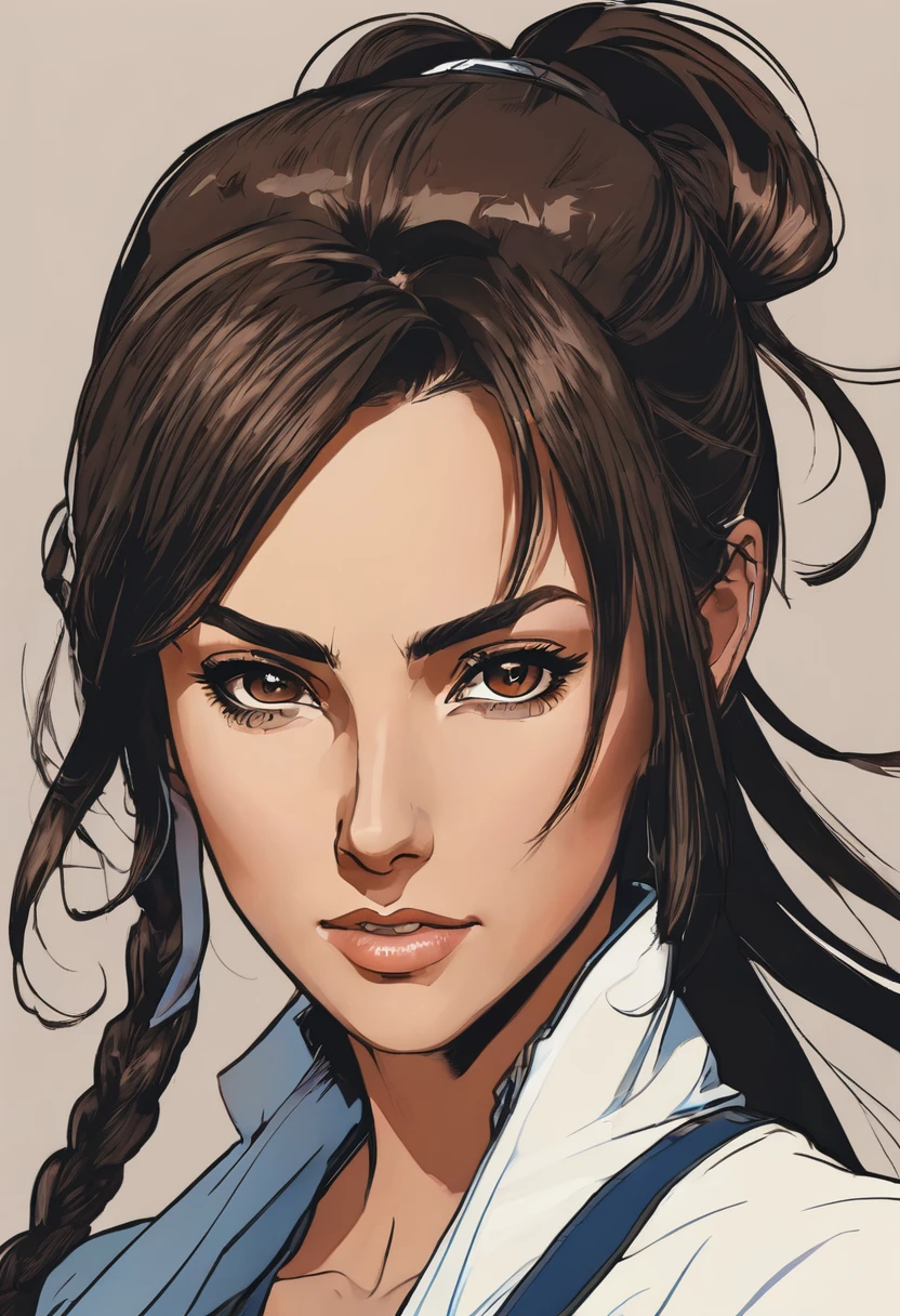 Physically, she is described as a woman of average height, avec une silhouette athlétique et musclée, result of his years of combat training. She has dark brown hair often tied in a ponytail., et des yeux bruns. His overall appearance is that of someone ready for action, avec une attitude déterminée et une posture confiante.