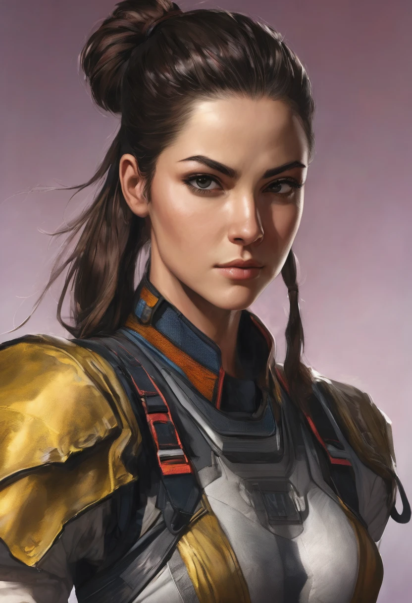 Physically, she is described as a woman of average height, avec une silhouette athlétique et musclée, result of his years of combat training. She has dark brown hair often tied in a ponytail., et des yeux bruns. His overall appearance is that of someone ready for action, avec une attitude déterminée et une posture confiante.