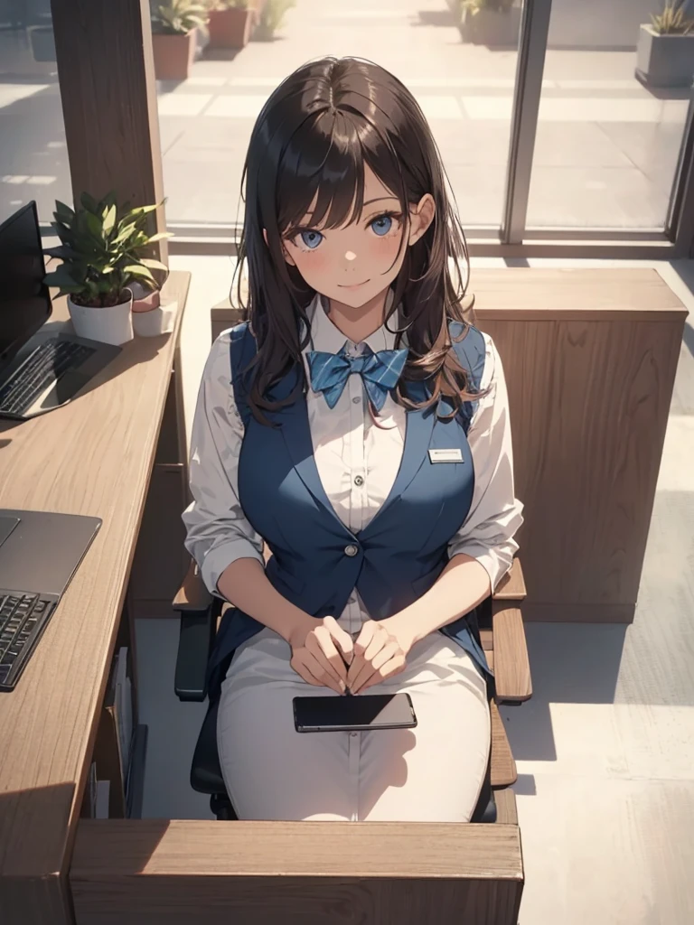 1lady solo, sitting, (from above), office worker, ((blue vest) over white dress shirt), mature female, /(dark brown hair/), kind smile, (masterpiece best quality:1.2) delicate illustration ultra-detailed, large breasts,bowtie BREAK (modern office) indoors, (reception desk), entrance, detailed background