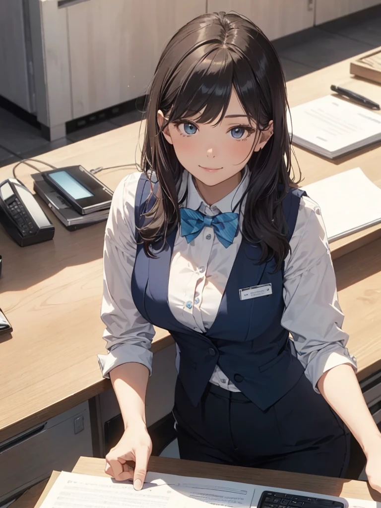 1lady solo, sitting, (from above), office worker, ((blue vest) over white dress shirt), mature female, /(dark brown hair/), kind smile, (masterpiece best quality:1.2) delicate illustration ultra-detailed, large breasts,bowtie BREAK (modern office) indoors, (reception desk), entrance, detailed background