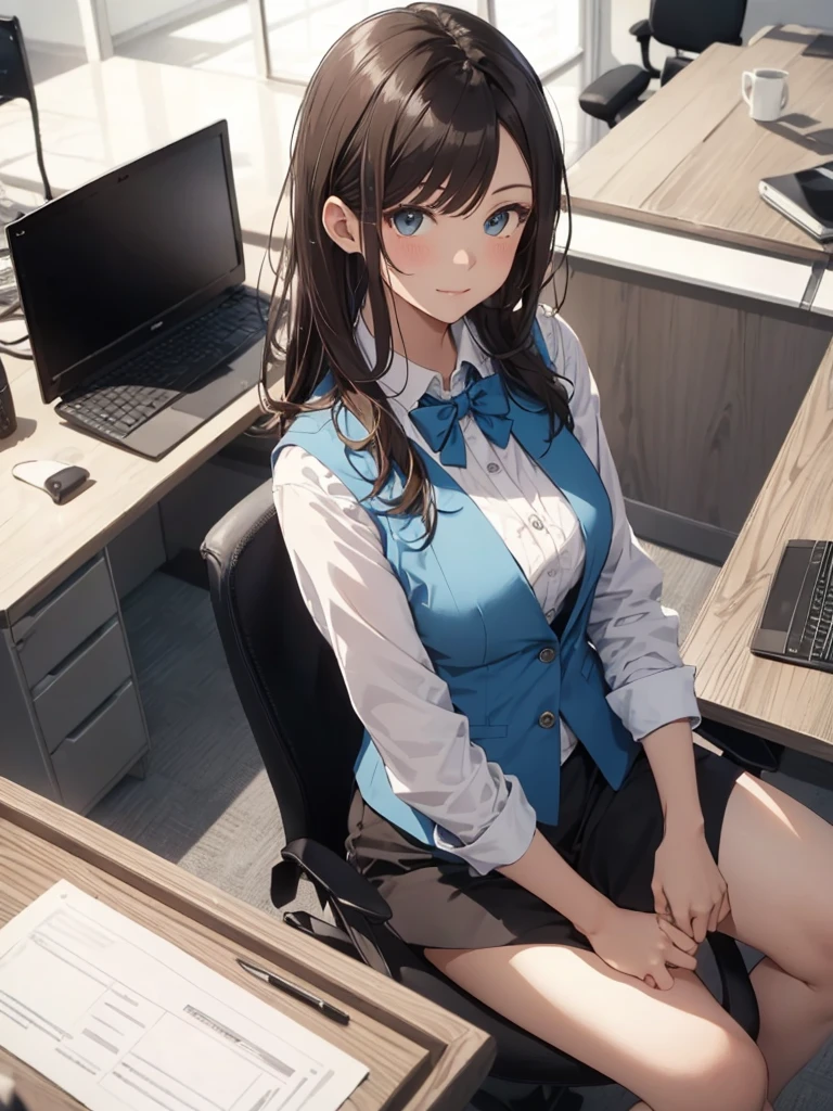 1lady solo, sitting, (from above), office worker, ((blue vest) over white dress shirt), mature female, /(dark brown hair/), kind smile, (masterpiece best quality:1.2) delicate illustration ultra-detailed, large breasts,bowtie BREAK (modern office) indoors, (reception desk), entrance, detailed background