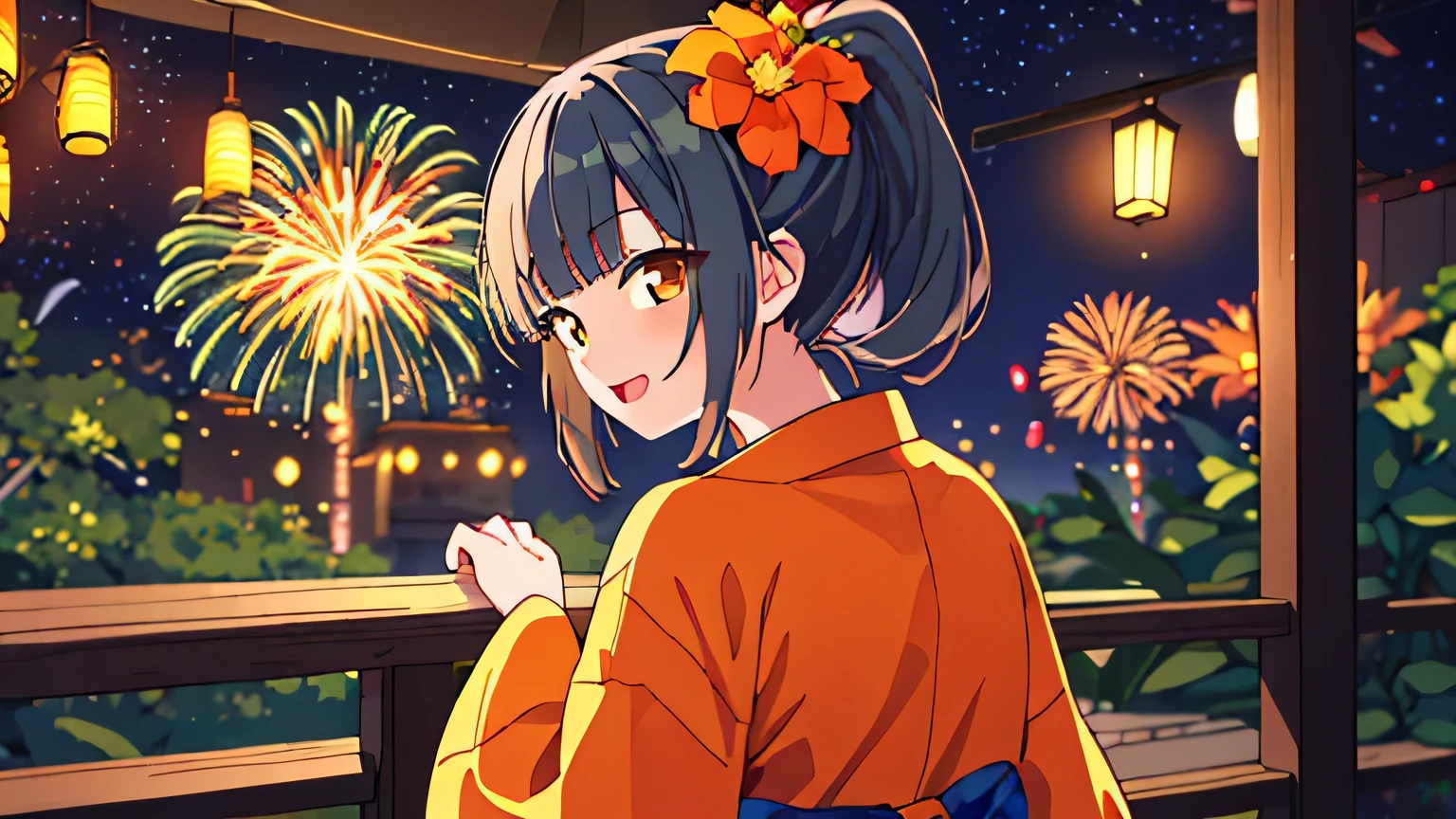 masterpiece、Detailed Background、night、firework、Beautiful light、Light and Dark、1girl(Ash green hair、Medium length ponytail、Straight bangs、A little hair on the side、Brown eyes、hair ornaments:orange)、yukata(green, little orange flower), Look back and see this、Laugh gently、
