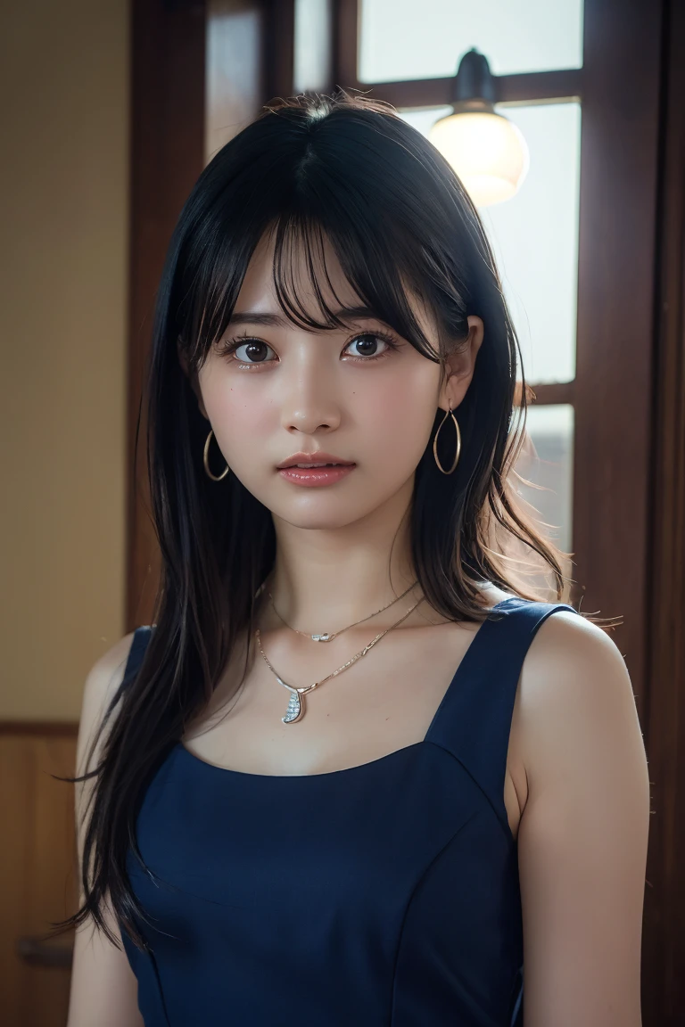 (Highest quality:1.4),(masterpiece:1.4),(Realistic:1.4),(Realistic:1.2),(超High resolution, RAW Photos:1.4),(High resolution, Ultra-detailed:1.2),(8K:1.2),View your viewers,Cinematic photography,One girl,skeletally correct,Black-haired woman,(Small earrings,necklace,Sleeveless blue dress,View from the front),(Western-style building interior,Dimly lit room,The lamplight shines on my cheeks)