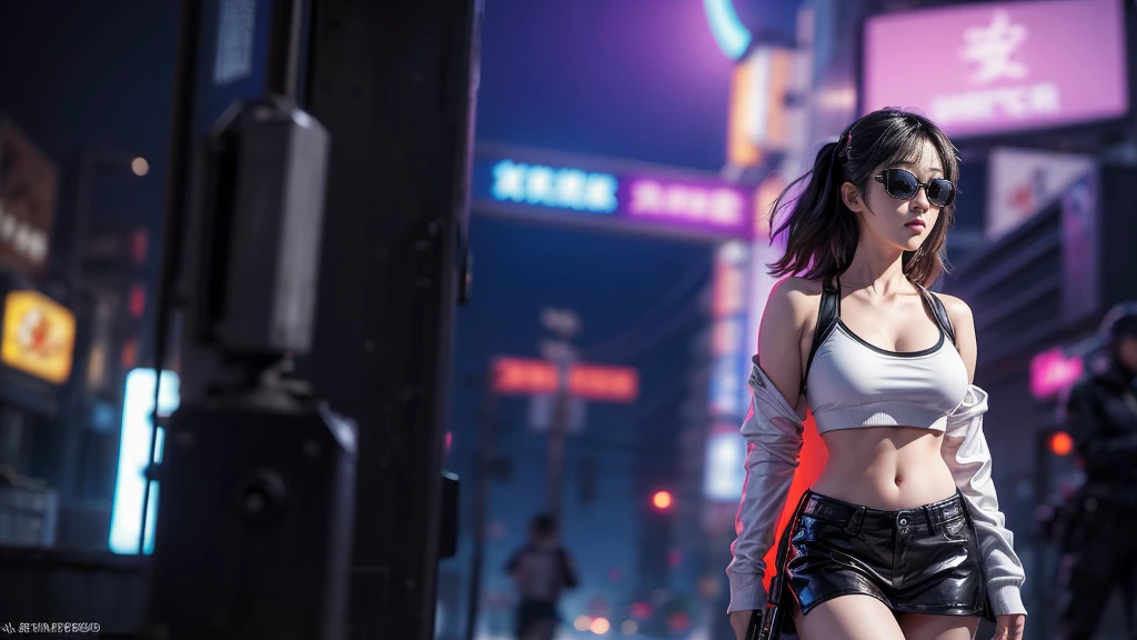8k, Realistic Skin Texture, Realistic Photo, Neo Tokyo, slim Japanese women, large-breast:1.3 cleavage:1.2, AD2050 at night, Dirty hunting jacket, Wearing tube top, miniskirt, (((black sunglasses, automatic rifle, sneakers, cold, shooting pose, low angle view))), Innovative composition, revenge, cyberpunk, blade runner worldview, Large neon sign, Geisha hologram sign, Strong Wakamoto Sign.
