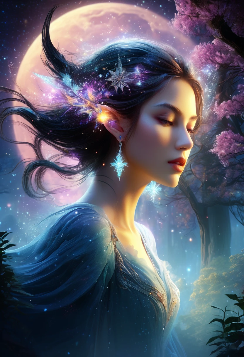 A masterpiece of ultra-fine detail, Dynamic, Good quality,Liquor_dark，Elf portrait made of colorful stars，(Pointy Ear Elf:1.5)，floating long dress，Smoky hair，jungle，firefly，unrealistic，The tree of life blooms with infinite vitality，Twinkling stars in the night sky，Heavy clouds and fog，Whimsical fantasy landscape art, Fine Art Ultra HD 8K, 8k highly detailed digital art, Beautiful and detailed fantasy, Epic fantasy landscapes, Mysterious dreamy scenery, Magical fantasy very detailed, Magical scenery, It is composed of large snowflakes and dreamy floating fairy islands., Detailed fantasy digital art, 8k detailed digital art