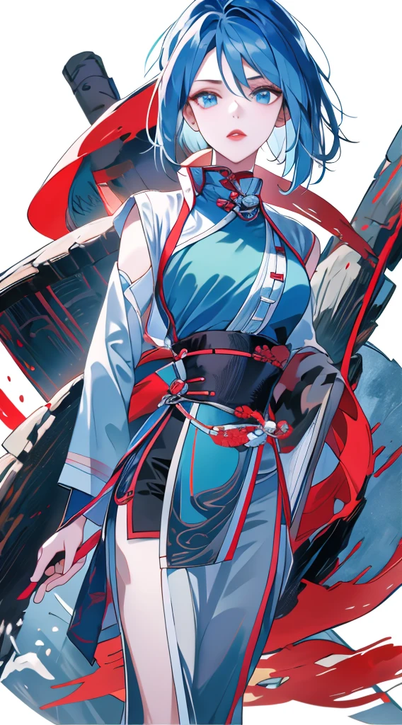 Masterpiece, Best quality, 1 Ji Ruxue, the expression is cold, strong, blue eyes, short hair, wolfcut hairstyle, smoky mix blue color hair, resolute eyes, red lips, simple Taoist Taoist uniform, Chinese mix morden, frontal photo, black or white background, simple background, アニメ, illustration, Chinese style short-sleeved shirt, cool girl, Ji Ru Xue, Fullbody, blank background