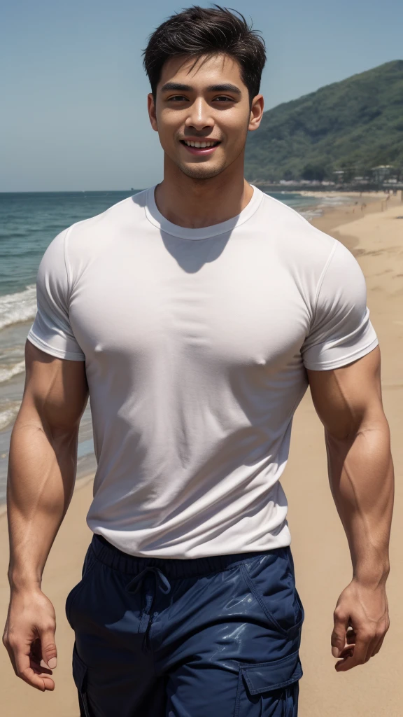 (Create a masterpiece: 1.2),(CGI art:1.3),(realistic:1.5),(After processing:1.3), (Sharp focus:1.3), 1 man, open mouth, smile, (Navy blue round neck shirt), Navy cargo pants, Korean guy , korean men, (High gloss details), chest muscles, large arm muscles, blood vessel, Big muscles, Broad shoulders, looking at the audience, Balancing the eyes, Seaside, beach, sunlight, running towards the camera