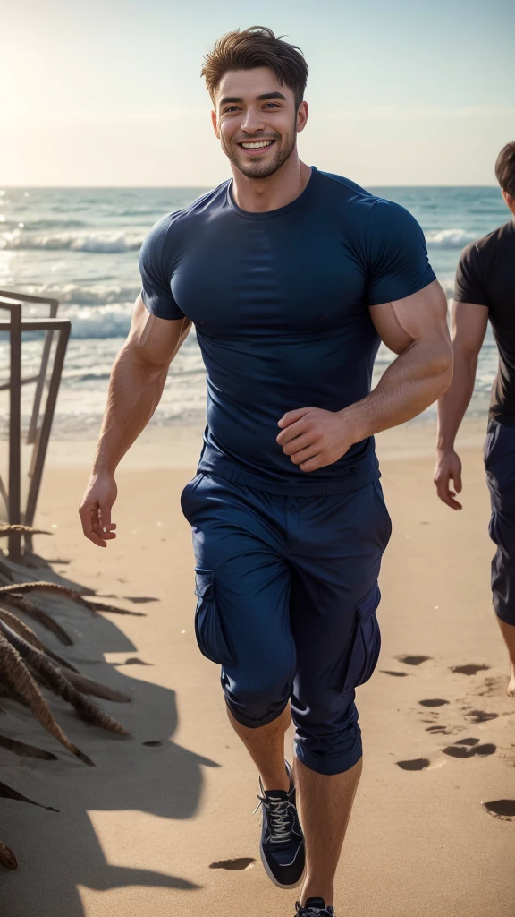 (Create a masterpiece: 1.2),(CGI art:1.3),(realistic:1.5),(After processing:1.3), (Sharp focus:1.3), 1 man, open mouth, smile, (Navy blue round neck shirt), Navy cargo pants, Korean guy , korean men, (High gloss details), chest muscles, large arm muscles, blood vessel, Big muscles, Broad shoulders, looking at the audience, Balancing the eyes, Seaside, beach, sunlight, running towards the camera