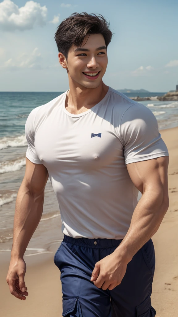 (Create a masterpiece: 1.2),(CGI art:1.3),(realistic:1.5),(After processing:1.3), (Sharp focus:1.3), 1 man, open mouth, smile, (Navy blue round neck shirt), Navy cargo pants, Korean guy , korean men, (High gloss details), chest muscles, large arm muscles, blood vessel, Big muscles, Broad shoulders, looking at the audience, Balancing the eyes, Seaside, beach, sunlight, running towards the camera