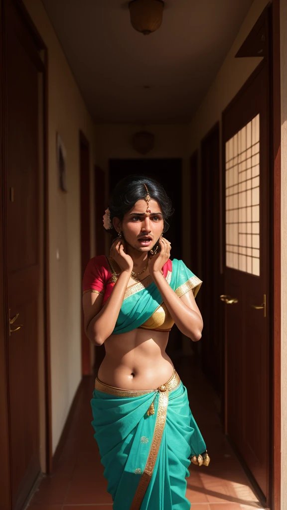 26 year old women , indian, in a saree, fighting with his husband , and standing front of husband , crying face ,husband hand is showing slaping , background is home near a hall , hot women 