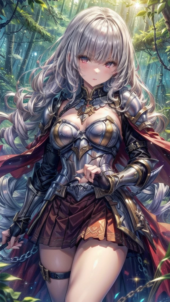 A girl is posing for a photo, cute女の子, Enchanting girl, Anime Girls, 

(Light purple hair、Wavy Hair、Twin Drill), (Red eyes, Droopy eyes), ((Dark Skin)), break 
(((Silver Armor、Lower body armor、Chain mail、Jeweled Breastplate、Gauntlet、Shingard、Red Cape)))、

(((Highest quality)), ((masterpiece)), (Very detailed), (High resolution), (Beautiful sparkle), (High detail), (Anatomically correct)), ((Realistic)), ((The best CG)), Very detailedなアート, CG illustration, 16K, 1080P, Oil paints:1.2,   

(((One Girl))), 
(Symmetrical facial features, Perfect Face), Beautiful clavicle, (Beautiful fingers), (Beautiful breasts, (Ｃcup)), 
Beautiful body, Beautiful thighs, Beautiful feet, Perfect round ass, (((Detailed skin, Oily skin, Textured skin, Beautiful Skin))), 

(((Baby Face, cute, 16 years old))), double eyelid, Long eyelashes, 
(Expression of fine eyes, Beautiful and delicate eyes, Sparkling eyes, Eye Reflexes), 
(Beautiful Nose,Thin Nose), 
(Glossy Lips, Beautiful Lips, Thick lips), 

(Beautiful Hair, Shiny Hair, Shiny Hair), Hair fluttering), 

(Serious expression),  
break 

(noon、(Fantasy World、in the forest)), ((walking、Cowboy Shot))
