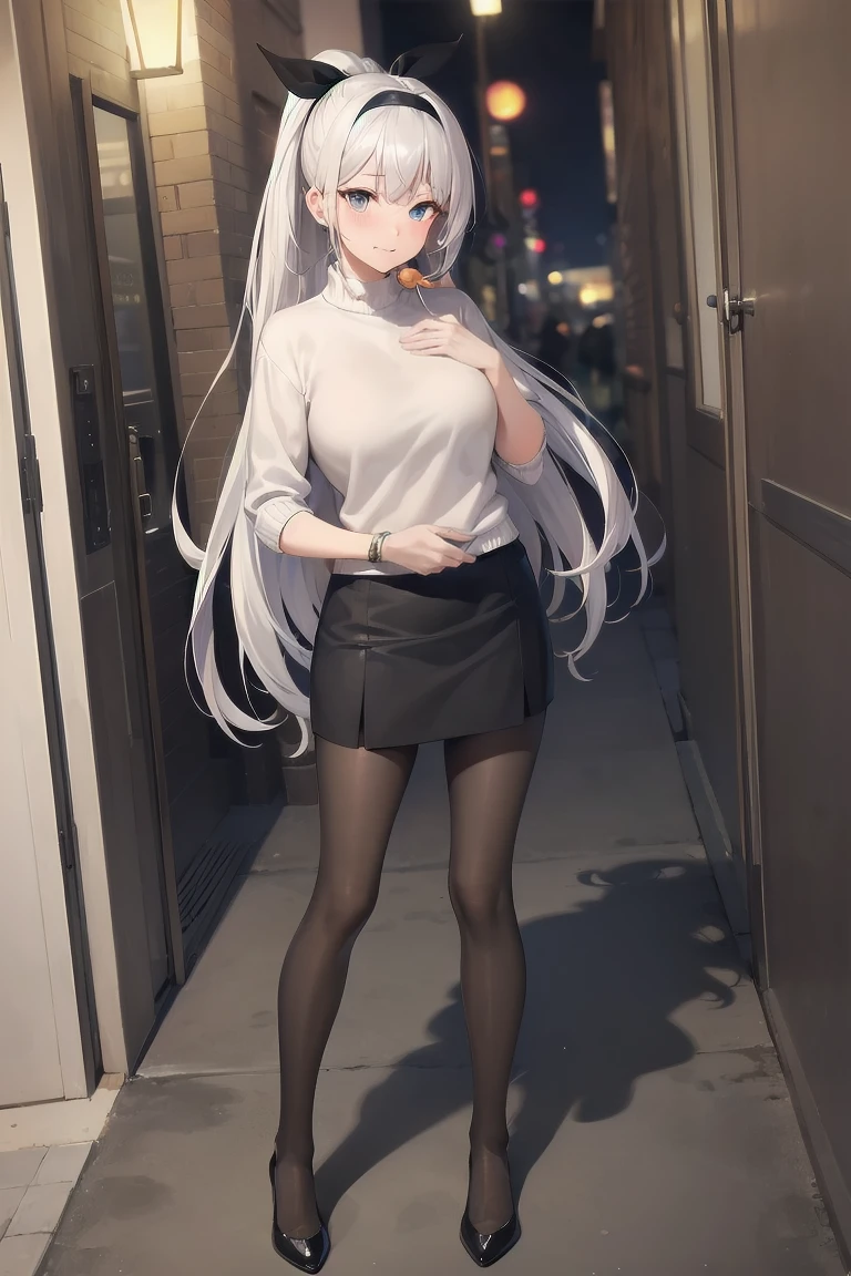 white hair, long hair, hair strand, kanzashi, hair bobbles, uhd, retina, masterpiece, textured skin, high quality, best quality, highres, 8K，Black Silk，Black pantyhose，Medium round breasts，High Ponytail，Ribbon，Hairband，Light grey sweater，nylon tights，Short sleeve，Short skirt，Slender legs，Elegant posture，Tempting， Tuck your sweater into your skirt，Full body portrait，Put your hand over your chest，Biting your lips，Shy，Blushing，Shy，City night scene。