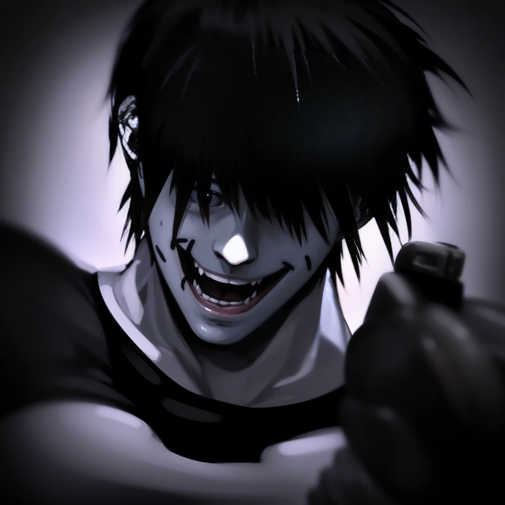 The image shows a man with black hair and a smirk, holding a gun. He appears to be in a state of excitement or anticipation.