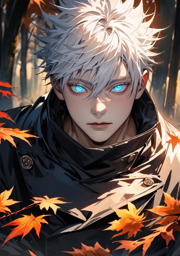 ultra detailed, HDR, master piece, best quality, extremely detailed face and eyes, perfect face, realistic face, beautiful eyes, Gojo Satoru, white hair with bangs, hair between the eyes, expressive blue eyes, white eyelashes, Jujutsu Kaisen, solo, man, handsome,Gojo Satoru, solo, in a serene forest during autumn, watercolor style, meditative pose, looking at the screen, soft light on white hair, glowing eyes, highest detail, best quality"