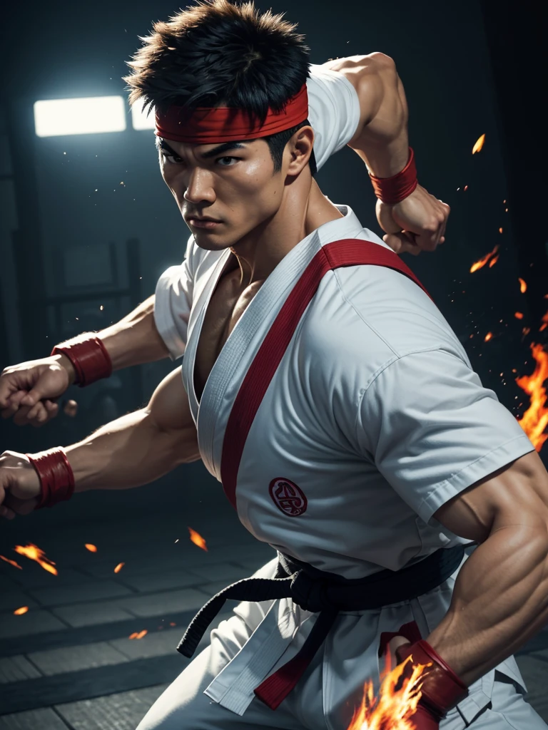 Ryu, STREET FIGHTER, with WHITE kimono, black belt at the waist, muscled body, Street Fighter, intense look, strong fists, powerful legs, Martial arts master, focused posture, dynamic action, Japan inspired background, dramatic lighting, vibrant colors, detailed facial features, spiky hair, determined expression, energy movement, fighting stance, fierce competitor, iconic fireball attack, safe posture, determined eyes, muscular physique, iconic fighting game character, dynamic composition, iconic red headband, intense martial arts fights, experienced fighter, precise hits, Intense training, iconic white gi, fire aura, skilled martial artist.