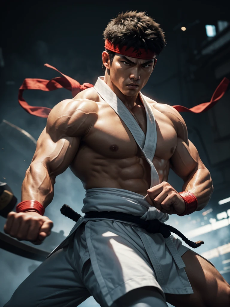 Ryu, STREET FIGHTER, with WHITE kimono, black belt at the waist, muscled body, Street Fighter, intense look, strong fists, powerful legs, Martial arts master, focused posture, dynamic action, Japan inspired background, dramatic lighting, vibrant colors, detailed facial features, spiky hair, determined expression, energy movement, fighting stance, fierce competitor, iconic fireball attack, safe posture, determined eyes, muscular physique, iconic fighting game character, dynamic composition, iconic red headband, intense martial arts fights, experienced fighter, precise hits, Intense training, iconic white gi, fire aura, skilled martial artist.
