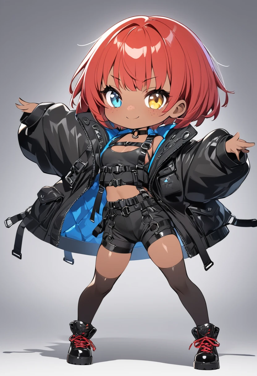 full body,1 girl,(cute:1.3),short red Hair, left eye blue, right eye yellow, tan skin, freckles,｛stylish and edgy outfit, techwear,chest harness, O ring choker, oversized jacket, Glossy, shiny material, cute pose