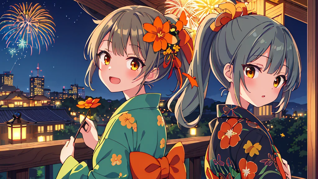 masterpiece、Detailed Background、night、firework、Beautiful light、Light and Dark、1girl（Ash green hair、Medium length ponytail、Straight bangs、A little hair on the side、Brown eyes、hair ornaments：orange）、yukata(green, little orange flower), Look back and see this、Laugh gently、