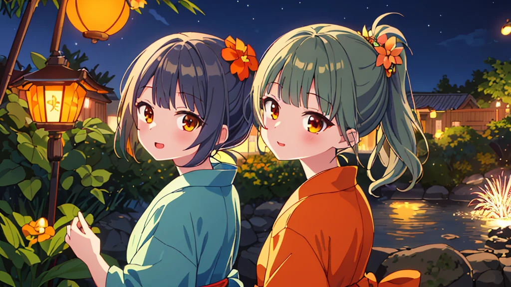 masterpiece、Detailed Background、night、firework、Beautiful light、Light and Dark、1girl(Ash green hair、Medium length ponytail、Straight bangs、A little hair on the side、Brown eyes、hair ornaments:orange)、yukata(green, little orange flower), Look back and see this、Laugh gently、