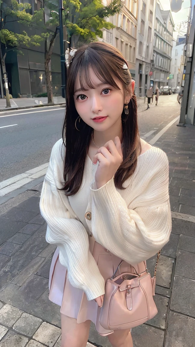 (8K、Raw photography、top-quality、masterpiece:1.2)、(realisitic、Photorealsitic:1.37)、ultra-detailliert、超A high resolution、1 fair-skinned girl、beautifull detailed face、In the street、full body Esbian、poneyTail、hand bag、Cardigan、flered skirt、(glowing earrings)、a smile
