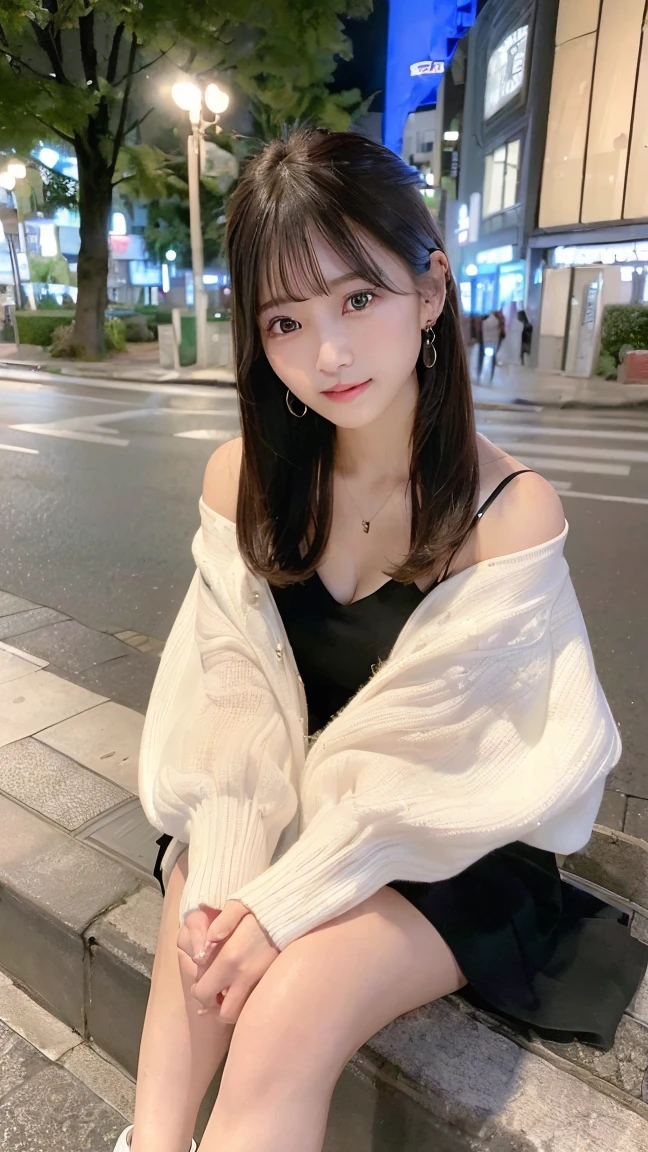 (8K、Raw photography、top-quality、masterpiece:1.2)、(realisitic、Photorealsitic:1.37)、ultra-detailliert、超A high resolution、1 fair-skinned girl、beautifull detailed face、In the street、full body Esbian、poneyTail、hand bag、Cardigan、flered skirt、(glowing earrings)、a smile