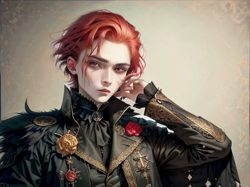 a close up of a person with a red hair and a jacket, inspired by Louis Grell, inspired by Sebastian Vrancx, with red hair, androgynous vampire, androgyny, with long red hair, attractive androgynous humanoid, inspired by Tommaso Dolabella, dollpunk, blank stare”, gothic harts, cute emo guy