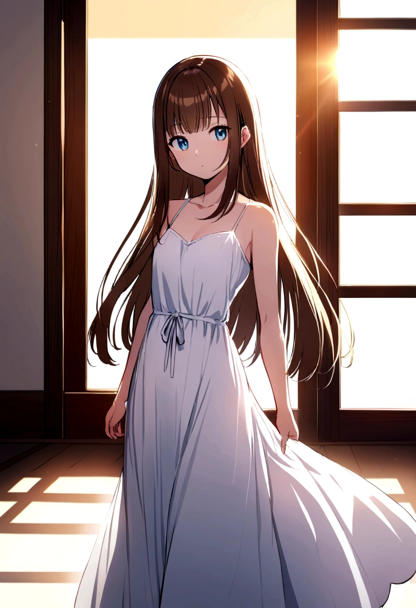 blue eyes, Brown Hair, A girl with long, smooth, straight hair, Wearing a white dress, full length、Hair bathed in the morning sun