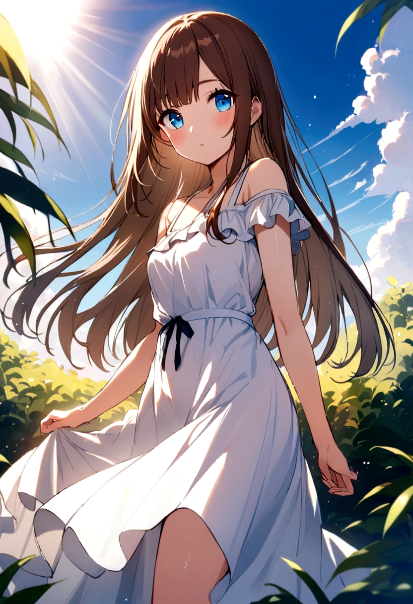 blue eyes, Brown Hair, A girl with long, smooth, straight hair, Wearing a white dress, full length、Hair bathed in the morning sun