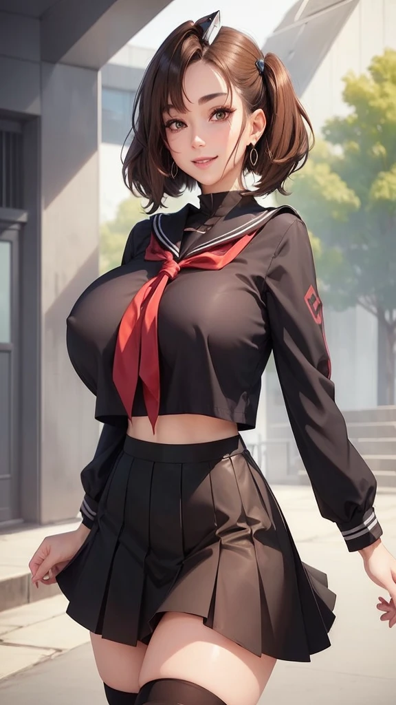 kujikawadef,twintails,,black serafuku,long sleeves,skirt,thighhighs,jewelry,earrings,standing,
best quality, highly detailed, masterpiece, absurdres,8k, photorealistic, realistic,detailed skin texture,detailed pupils,HDR,natural lighting,
1girl,solo,(happy:1.1),(smile:1.2),shorthair,brown hair,(angular face:1.2),shiny face, huge breasts, narrow waist, lip makeup,