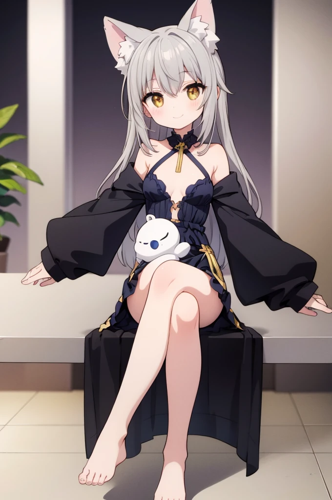 Gray Hair Lori barefoot Animal ears Small breasts Cross-legged Golden Eyes smile