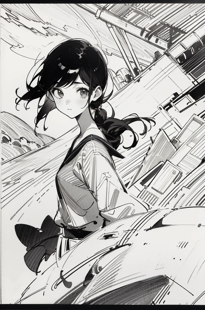 One Girl,Line art,Monochrome,sketch,Pencil drawing,Traditional Media,One Girl, skirt,Cute Teenage Girls, ,Beautiful portrait、Delicate body、Black Hair、Black Hair,landscape,Black and White