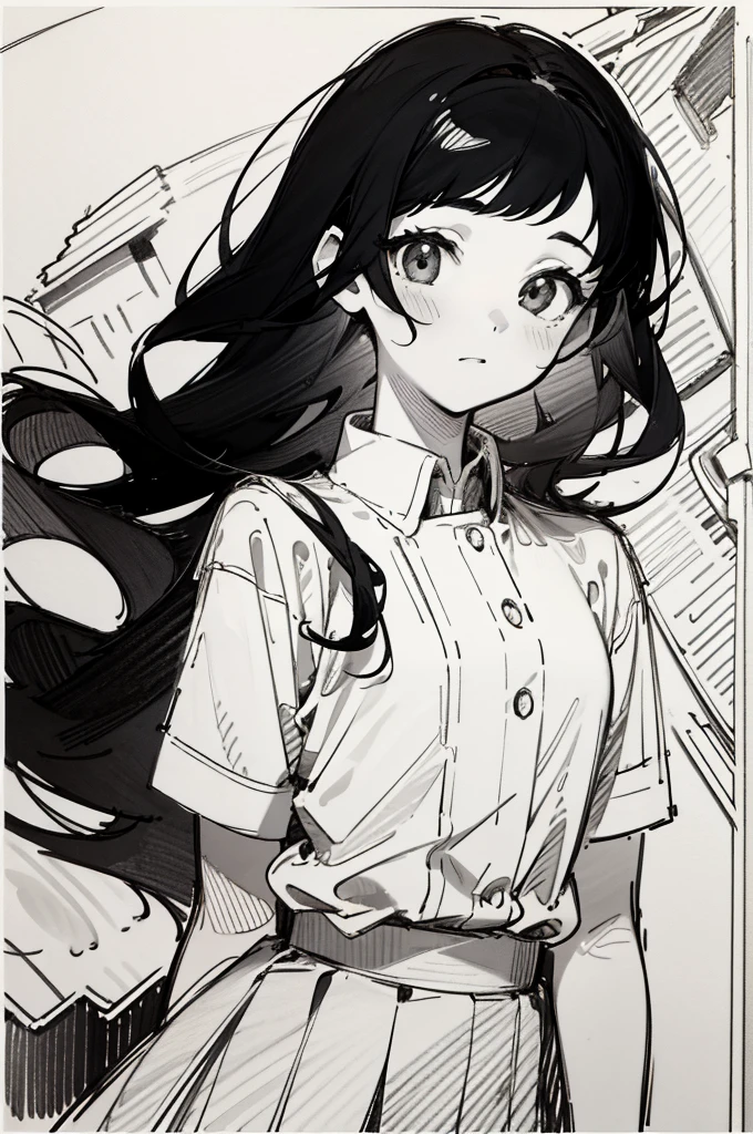 One Girl,Line art,Monochrome,sketch,Pencil drawing,Traditional Media,One Girl, skirt,Cute Teenage Girls, ,Beautiful portrait、Delicate body、Black Hair、Black Hair,landscape,Black and White