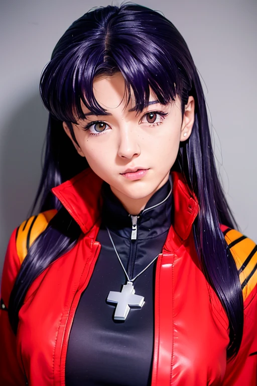 RAW Photos, ((((Extreme beauty portrait))), Evangelion: 3.0 You can \(do not have\) redo,One girl, alone, Katsuragi Castle_Misato, brown eyes,Indigo Hair,big_chest, cross_necklace ,Red jacket,