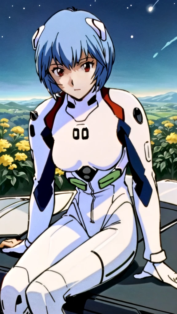 (masterpiece, Highest quality, detailed), One girl, alone, Pikiyanami, View your viewers, Blue Hair, short hair, bangs, Red eyes, chest, , white Bodysuits, Plug Suit, Bodysuits, Interface Headset, Pilot Suit,
Sitting, Arm support, Beautiful night view、garden、Starry Sky