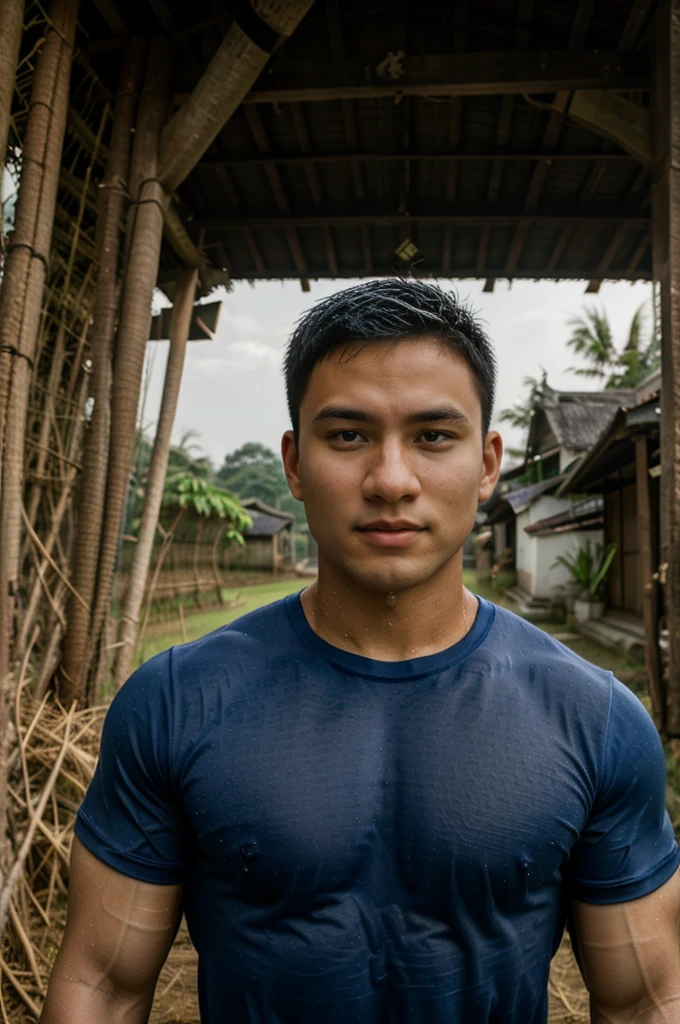 独奏 , 1 person , Image of a handsome Asian rugby player, short hair, no beard, muscular, big muscles, wearing a navy blue round neck t-shirt, wet, outdoors, rice field, countryside, hut, Thailand, Laos, Burma, Asia.
