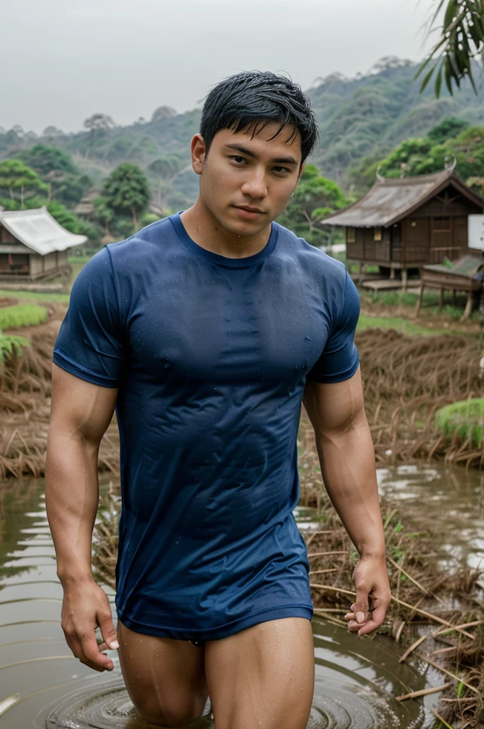 独奏 , 1 person , Image of a handsome Asian rugby player, short hair, no beard, muscular, big muscles, wearing a navy blue round neck t-shirt, wet, outdoors, rice field, countryside, hut, Thailand, Laos, Burma, Asia.