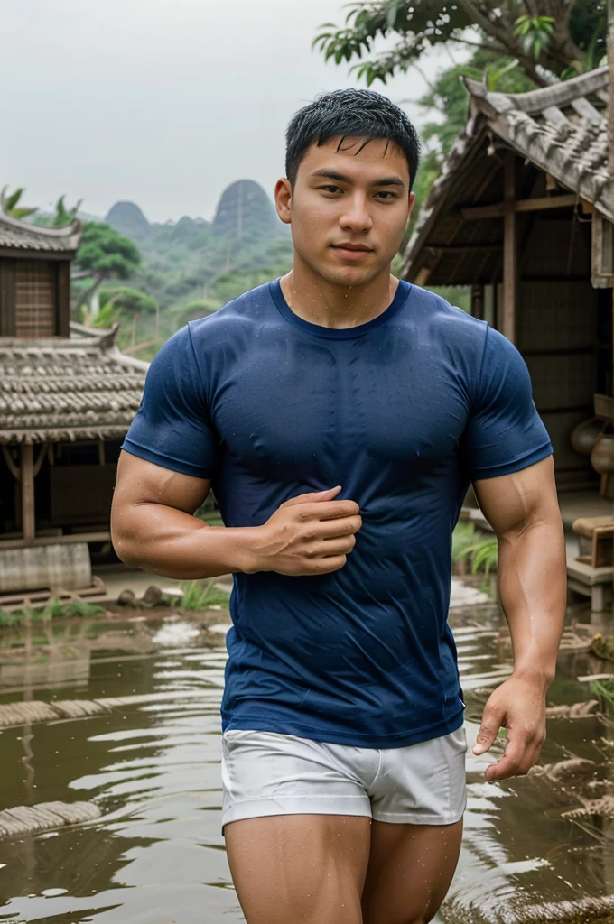 独奏 , 1 person , Image of a handsome Asian rugby player, short hair, no beard, muscular, big muscles, wearing a navy blue round neck t-shirt, wet, outdoors, rice field, countryside, hut, Thailand, Laos, Burma, Asia.