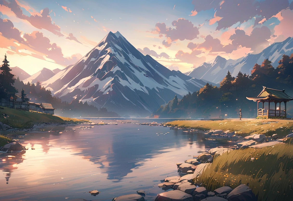 Anime scenery with a bench overlooking the water and mountains, Anime scenerys, Beautiful anime scenery, Beautiful anime scene, makoto shinkai's style, Anime Background, Anime scenery, Beautiful peaceful scene in anime, makoto shinkai. —h 2160, In the style of Makoto Shinkai, Anime Background Art, ( ( makoto shinkai ) )
 