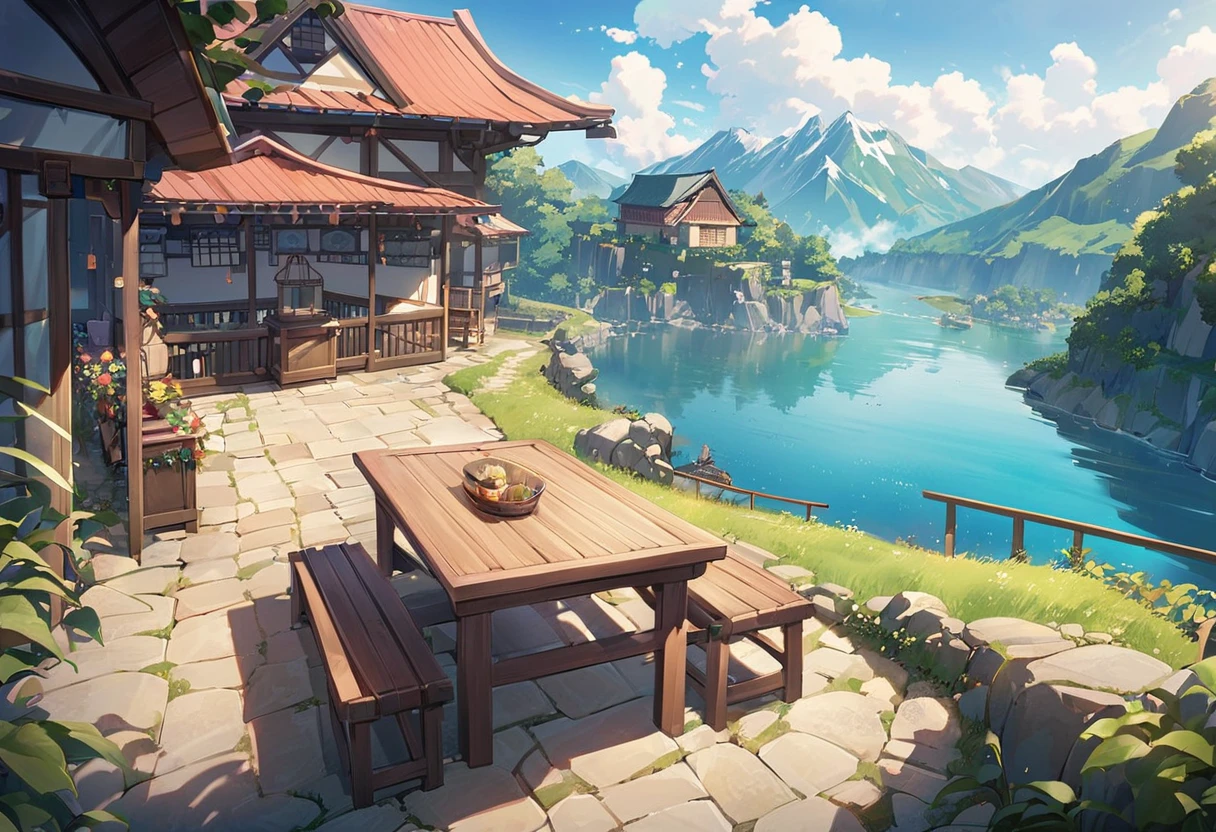 Anime scenery with a bench overlooking the water and mountains, Anime scenerys, Beautiful anime scenery, Beautiful anime scene, makoto shinkai's style, Anime Background, Anime scenery, Beautiful peaceful scene in anime, makoto shinkai. —h 2160, In the style of Makoto Shinkai, Anime Background Art, ( ( makoto shinkai ) )
 