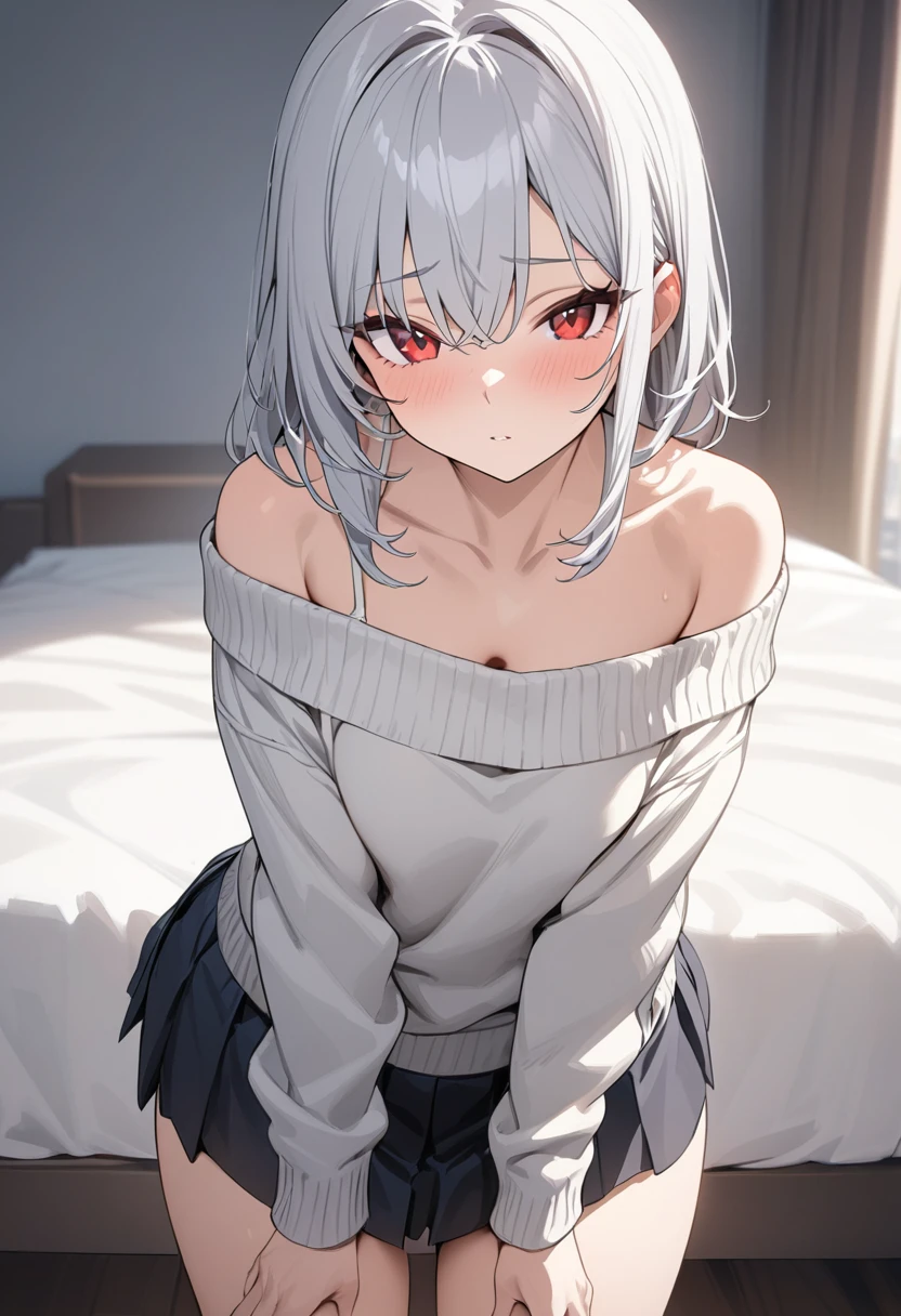 ((masterpiece)), (Highest quality), (Simple style), Silver hair, red eyes, off-the-shoulder sweater, pleated skirt