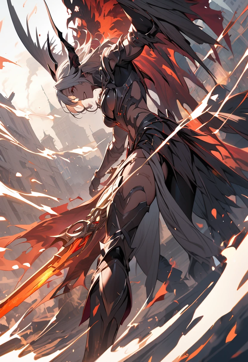 (best quality, masterpiece, ultra highres, ultra-detailed:1.2) ,Barbariccia the demon of Malebolge,(barbarism girl,bad smile),gray wings,background:The fifth layer of hell,magnificent,dynamic angle,