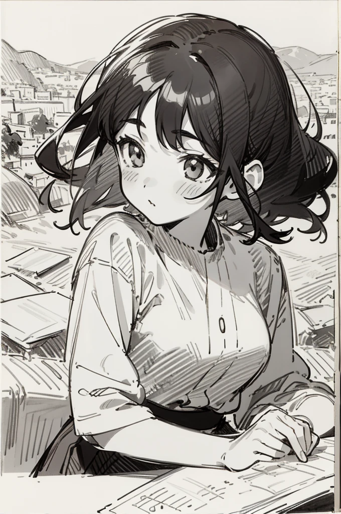 One Girl,Line art,Monochrome,sketch,Pencil drawing,Traditional Media,One Girl, skirt,Cute Teenage Girls, ,Beautiful portrait、Delicate body、Black Hair、Black Hair,landscape,Black and White