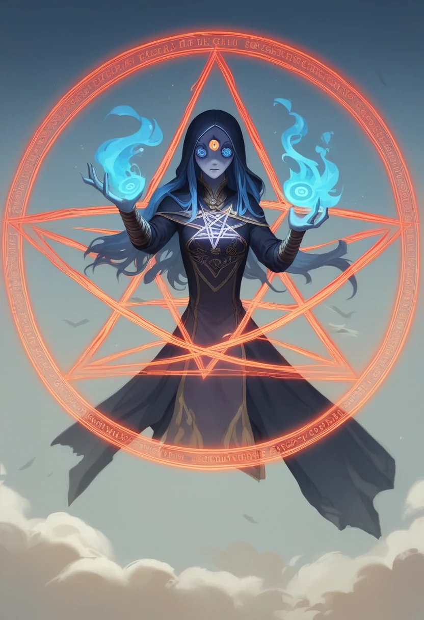 grim reaper,bloodstains,natta, tenebrosa, (fancy),Vô,deep blue sky,The abyss of knowledge,knowledge,((work of art)), (((best qualityer))),((beautiful detailed eyes)),(Eyelash),monstr,(1 girl),hair blue,long hair,eyes of the abyss,shining skin,oil,smallbreast,(bird body,plume),wearing cloth rags, Tzeentch,Leprechaun,extremely detailed CG unity 8k wall-paper,work of art, ((ultra detali)), ((illustration)),colorfully,wall-paper,energy,Unknown horror,Arcane,Around the magic,The magic involves,magic rod,Boken,pages flying all over the sky,Find out everything,predicting the future,know the past,Vô wisdom,blue flame,wizard,magic circle,Pentagram,enchantment,mantra,chanting magic,